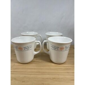 Set of‎ 4 Corelle Corning USA Coffee Mugs Orange Floral Band – Made in Taiwan